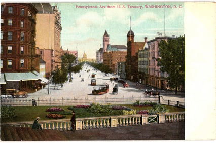 Postcard view of Pennsylvania Ave from U.S. Treasury in Washington D.C. with streetcars & carriages