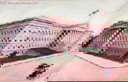 Postcard showing the U.S. Patent Office building in Washington, D.C. with horse and carriage c.1910