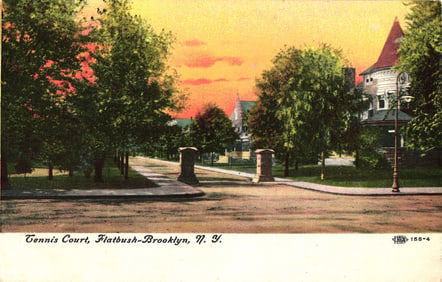 Postcard showing the gateposts at the entrance to Tennis Court, Flatbush, Brooklyn, New York c.1910