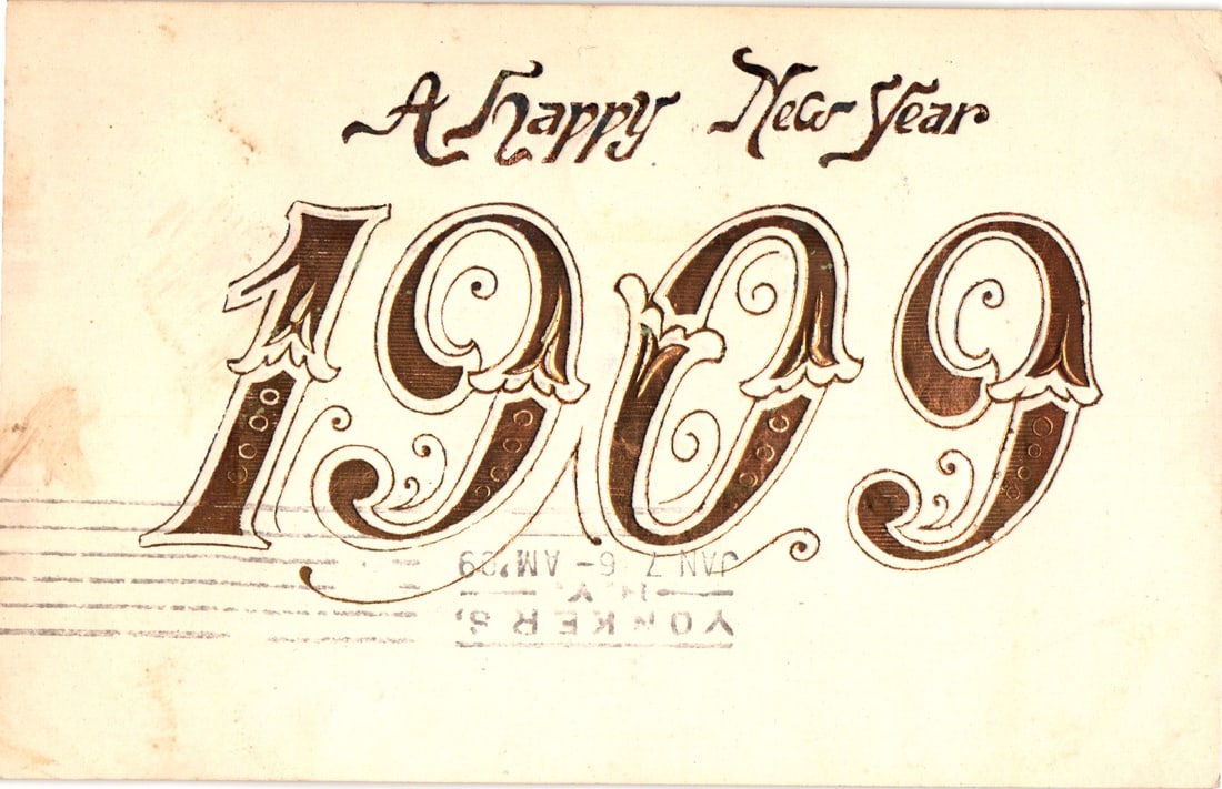 Edwardian era greeting postcard featuring 'A Happy New Year 1909' in ornate calligraphy. Postmarked (1 of 2)