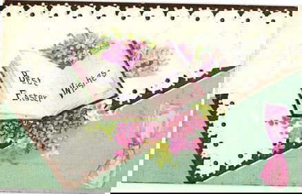 Embossed postcard with a die-cut lace border, open book with 'Best Easter Wishes' on purple lilacs.