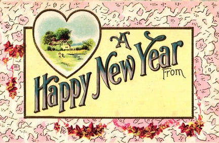 Embossed postcard with a 'Happy New Year' greeting, heart vignette of a country cottage c.1910s.