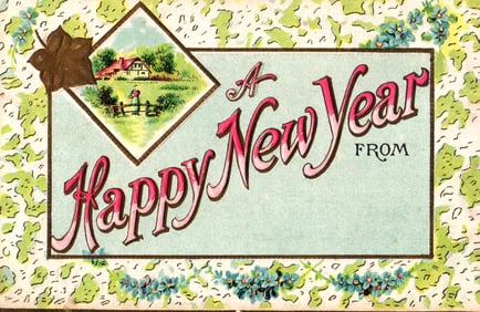 Embossed c.1900s Happy New Year postcard showing a country home vignette and floral border design.