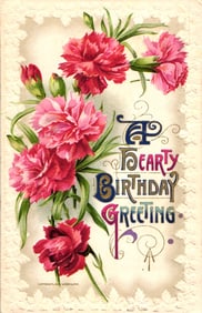 John Winsch 1910 Postcard "A Hearty Birthday Greeting" with Pink & Red Carnations, Gilt Accents