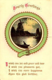 Hearty Greetings Birthday Postcard with Dutch Windmill & Sailboat Scene in a Buckled Belt Frame