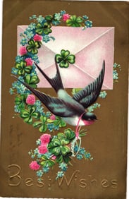 Embossed Best Wishes postcard with a swallow carrying a letter, surrounded by lucky clovers c. 1910s