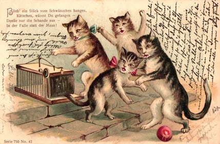 German postcard showing four anthropomorphic kittens dancing around a mousetrap, c. 1903 Serie 750