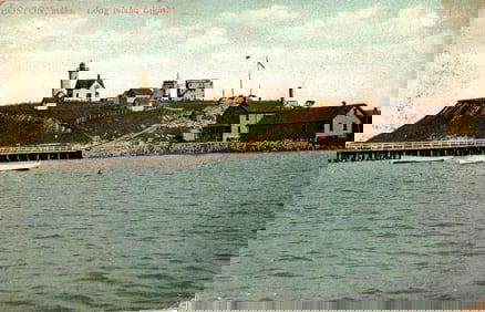 Postcard showing the Long Island Light lighthouse and buildings on the shore in Boston,