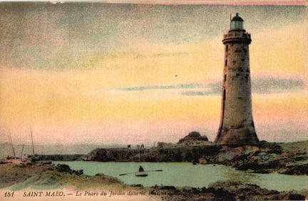 Postcard showing Le Phare du Jardin Lighthouse at dusk in the bay of Saint-Malo, France c. 1910s.