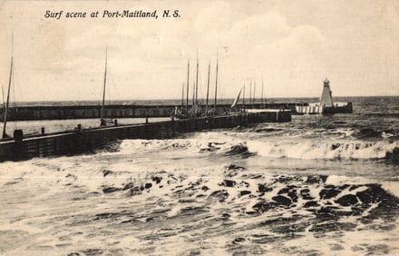 Postcard showing a dramatic surf scene at the breakwater in Port-Maitland, Nova Scotia, c. 1910s.