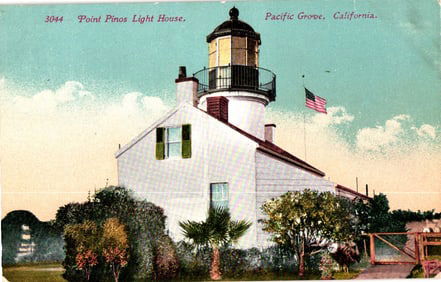 Postcard of the Point Pinos Light House with its American flag, Pacific Grove, California c. 1910s.