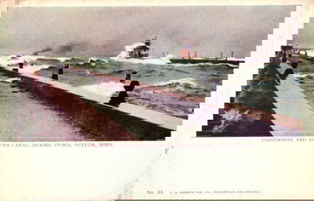 Postcard of the Lighthouse and Duluth Canal during a storm in Duluth, Minnesota, circa 1910s.
