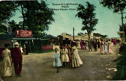 Postcard showing a crowded scene at Lighthouse Point, New Haven, Connecticut with Semon's Ice Cream.