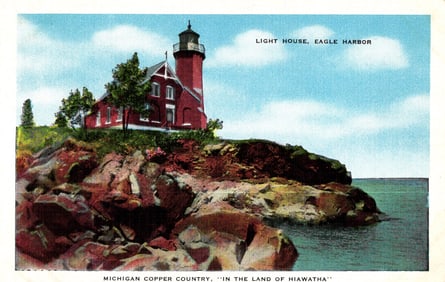 Postcard showing the Eagle Harbor Light House in Michigan's Copper Country on Lake Superior, c.