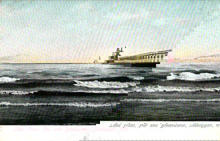 Postcard showing the Lake Front, Pier, and Breakwater with lighthouse in Sheboygan, Wisconsin c.
