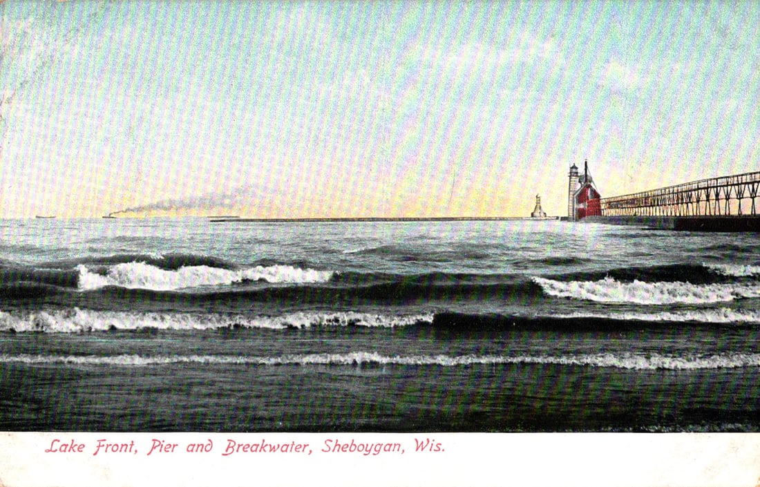 Postcard showing the Lake Front, Pier, and Breakwater with lighthouse in Sheboygan, Wisconsin c.: Please view photos for further description and condition considerations. Please know the scans may be darker or lighter than the actual item's true appearance. ACME Auctions offers FREE DOMESTIC SHIPP