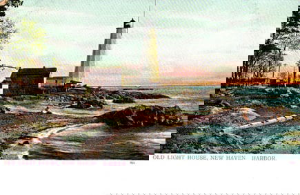Postcard showing the Old Light House at Five Mile Point in New Haven Harbor, Connecticut c. 1905