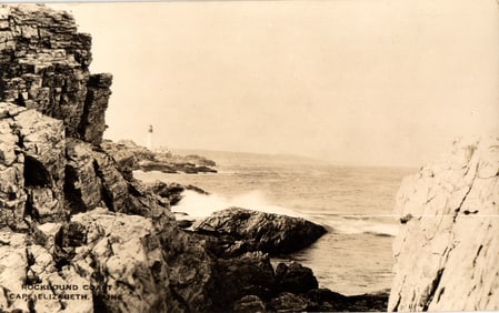 Real Photo Postcard of the rugged Rockbound Coast in Cape Elizabeth, Maine with Two Lights view