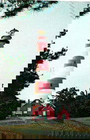 Postcard showing the historic Assateague Lighthouse with its iconic red and white stripes, Virginia