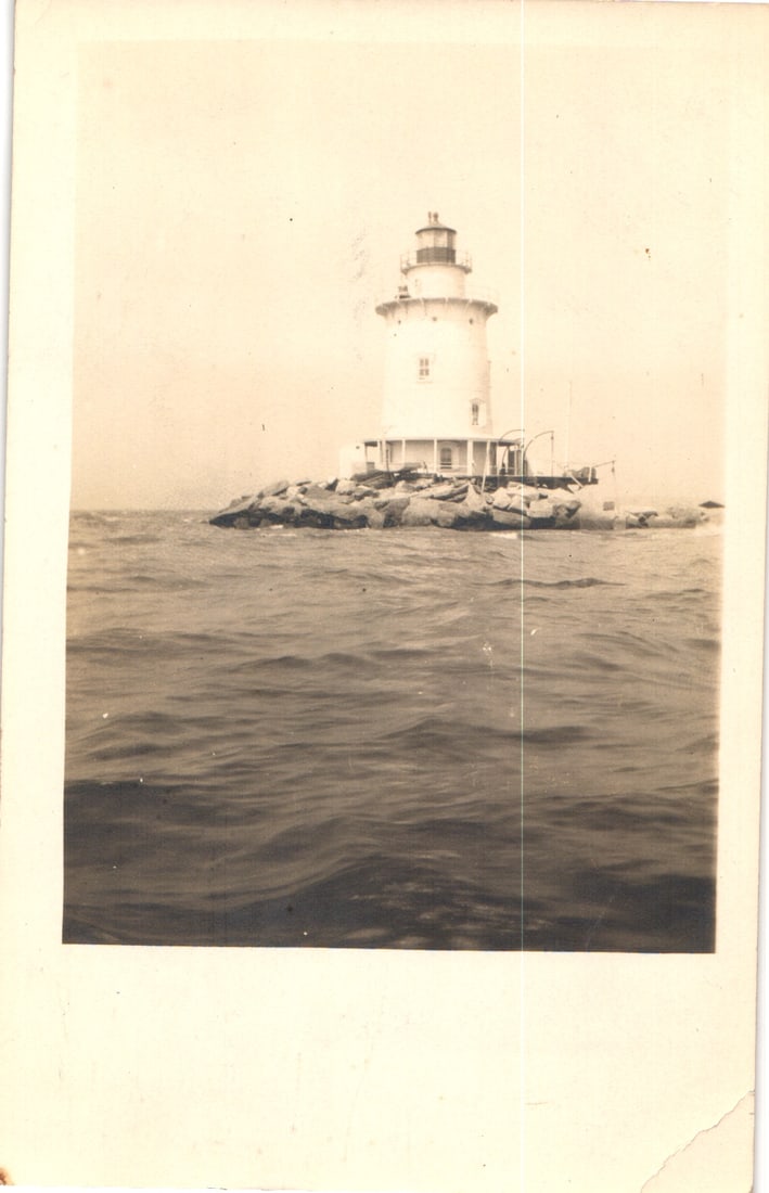 RPPC Real Photo Postcard of the Saybrook Breakwater Light in Old Saybrook, Connecticut circa 1914: Please view photos for further description and condition considerations. Please know the scans may be darker or lighter than the actual item's true appearance. ACME Auctions offers FREE DOMESTIC SHIPP