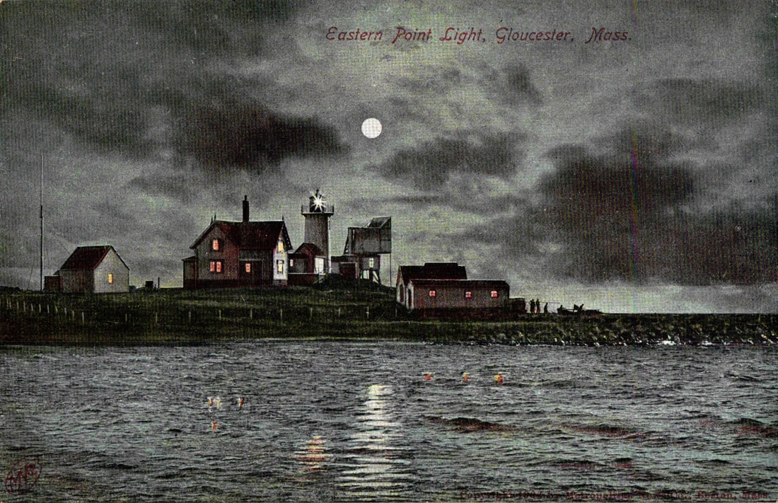 Postcard of Eastern Point Light in Gloucester, Massachusetts. A dramatic nighttime moonlit view. (1 of 2)