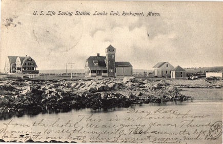 Postcard view of the U.S. Life Saving Station on the rocky coast of Lands End, Rockport, Mass. c1910