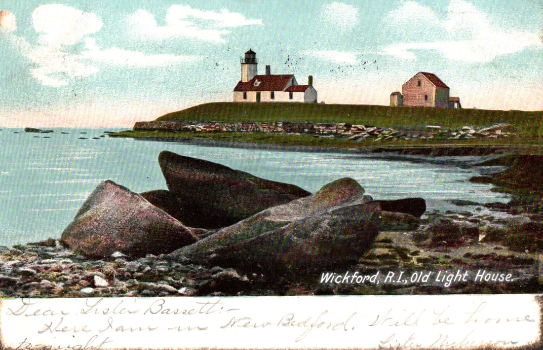 Postcard of the Old Light House in Wickford, Rhode Island, showing a view from the rocky shoreline.: Please view photos for further description and condition considerations. Please know the scans may be darker or lighter than the actual item's true appearance. ACME Auctions offers FREE DOMESTIC SHIPP