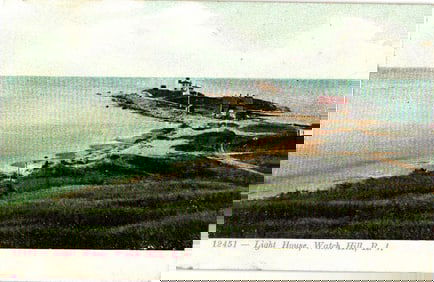 Postcard view of the iconic Light House at Watch Hill, Rhode Island. Coastal landscape circa 1900s.