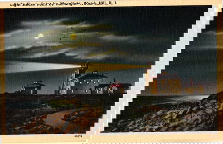 Postcard showing Light House Point by Moonlight, Watch Hill, Rhode Island. Nighttime scene, c.