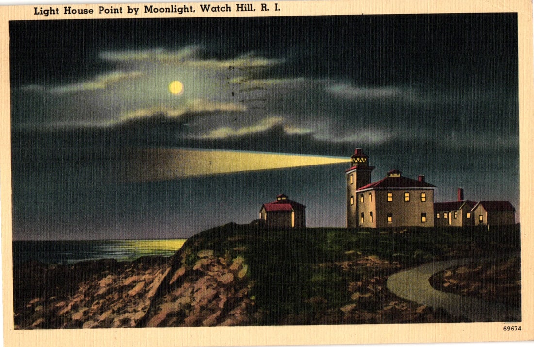 Postcard showing Light House Point by Moonlight, Watch Hill, Rhode Island. Nighttime scene, c.: Please view photos for further description and condition considerations. Please know the scans may be darker or lighter than the actual item's true appearance. ACME Auctions offers FREE DOMESTIC SHIPP