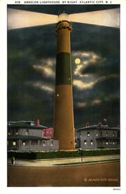 Postcard showing the Absecon Lighthouse illuminated at night in Atlantic City, New Jersey, c. 1923.