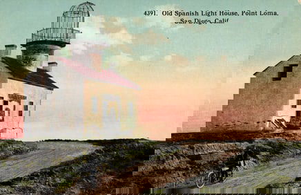 Early 1900s postcard of the Old Spanish Light House, Point Loma, San Diego, California. Cyclist.