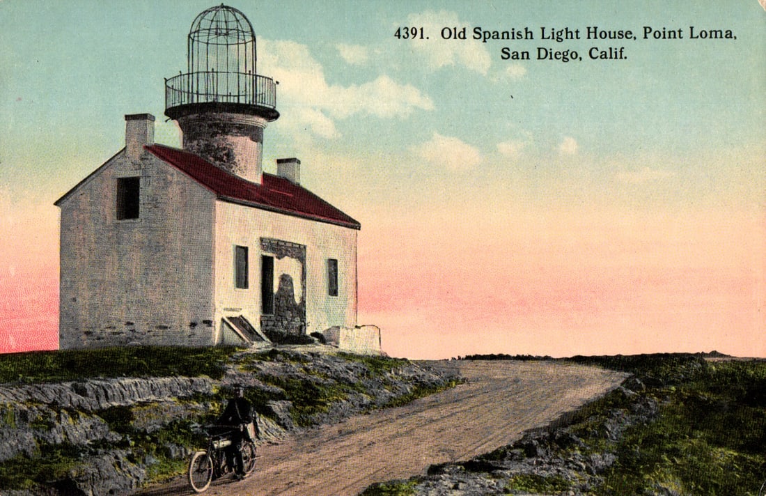 Early 1900s postcard of the Old Spanish Light House, Point Loma, San Diego, California. Cyclist. (1 of 2)