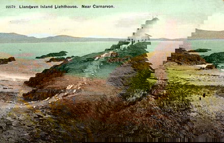 Raphael Tuck & Sons postcard of the Llandwyn Island Lighthouse and coastal scenery near Carnarvon,