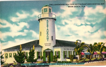 Linen Postcard of The Lighthouse Sea Food Restaurant on the Ocean, Miami Beach, Florida c. 1953