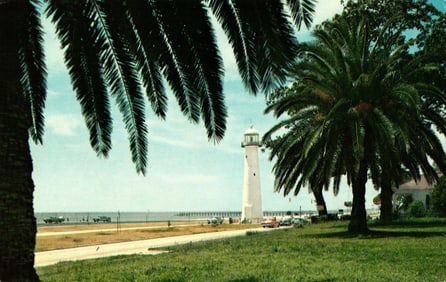 Postcard view of the landmark Lighthouse on Highway 90 in Biloxi, Mississippi Gulf Coast c. 1960s.