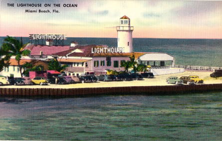 Linen postcard of The Lighthouse on the Ocean Seafood Restaurant in Miami Beach, Florida circa