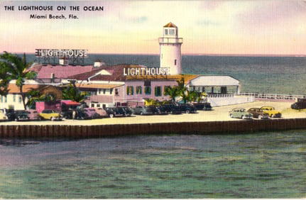 Postcard of The Lighthouse on the Ocean Sea Food Restaurant & pier with 1940s cars, Miami Beach,