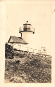 RPPC Real Photo Postcard showing the Curtis Island Lighthouse on the hillside in Camden, Maine c.