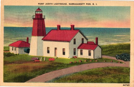 Linen postcard of the Point Judith Lighthouse and Keeper's House in Narragansett Pier, Rhode Island.