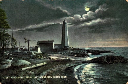 Postcard showing a moonlight scene of the lighthouse at Light House Point, New Haven, Connecticut.
