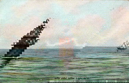 Postcard of Ship John Shoal Light in Delaware Bay, New Jersey, with sailboat in background. 1914