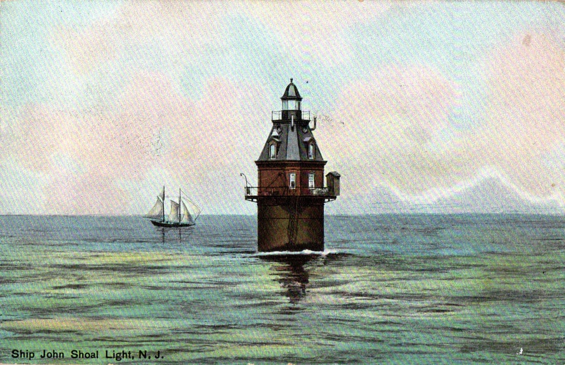 Postcard of Ship John Shoal Light in Delaware Bay, New Jersey, with sailboat in background. 1914: Please view photos for further description and condition considerations. Please know the scans may be darker or lighter than the actual item's true appearance. ACME Auctions offers FREE DOMESTIC SHIPP
