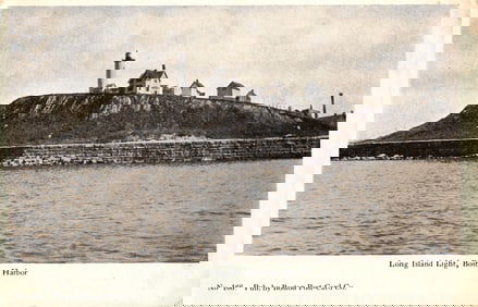 Postcard from Boston Post-Card Co. showing Long Island Light and buildings from the water, Boston
