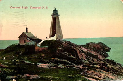 Color postcard of the Yarmouth Light lighthouse on its rocky promontory in Yarmouth, Nova Scotia