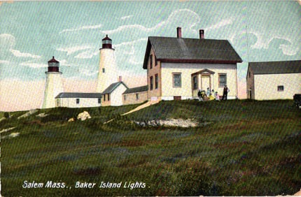 Early 1900s postcard view of the historic Baker Island Lights and keeper's house in Salem, Mass.