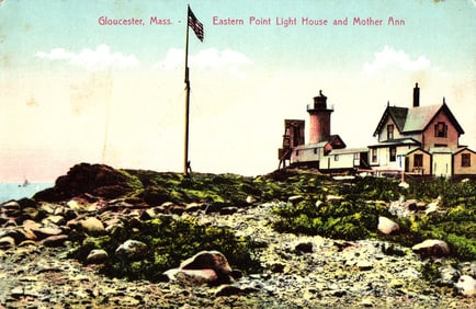 Postcard view of Eastern Point Light House and Mother Ann, Gloucester, Massachusetts, early 1900s