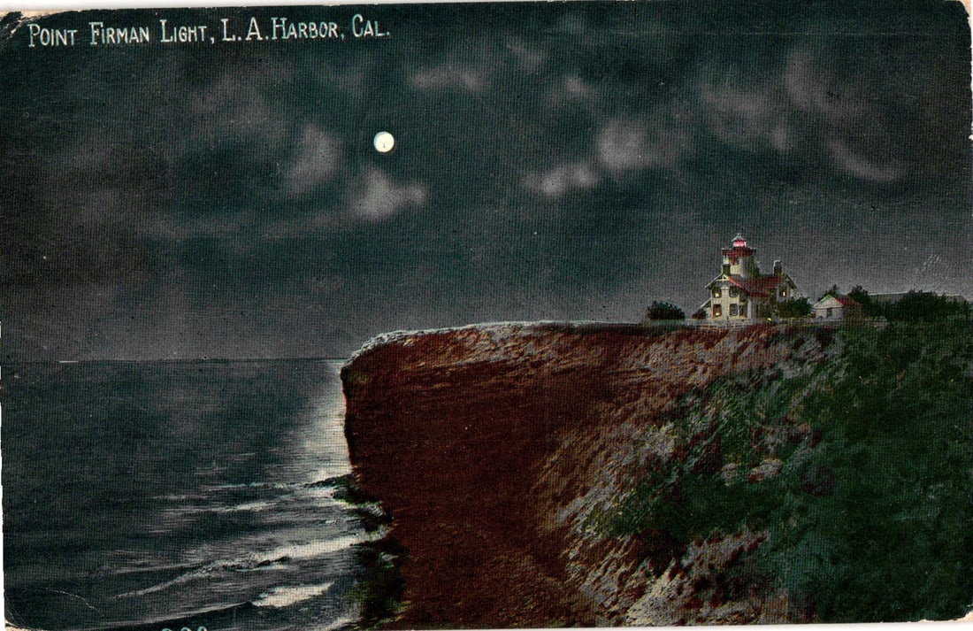 Postcard of Point Firman Light at night, a dramatic cliffside view in Los Angeles Harbor, California: Please view photos for further description and condition considerations. Please know the scans may be darker or lighter than the actual item's true appearance. ACME Auctions offers FREE DOMESTIC SHIPP