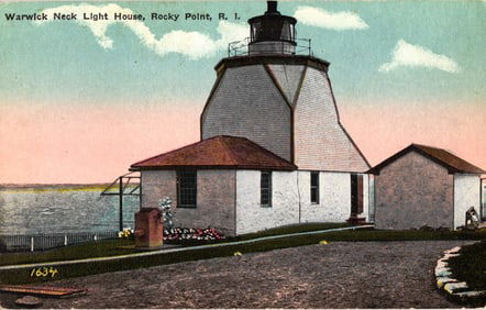 Postcard of the Warwick Neck Light House and adjacent buildings at Rocky Point, Rhode Island, c.1910