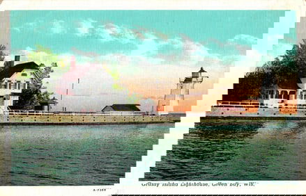 Linen postcard of the Grassy Island Lighthouse and Keeper's House at dusk, Green Bay, Wisconsin.